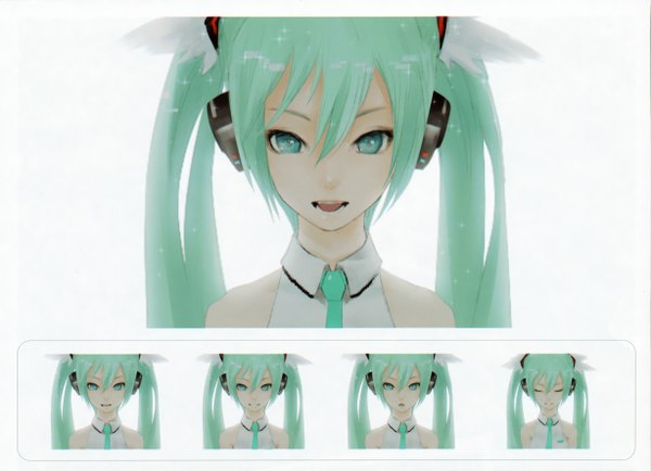 Anime picture 4911x3557 with vocaloid hatsune miku redjuice long hair highres open mouth white background twintails bare shoulders absurdres eyes closed aqua eyes aqua hair multiple persona girl headphones