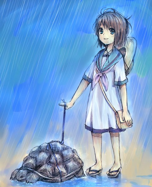 Anime picture 1431x1755 with original retoro single tall image short hair blue eyes smile brown hair rain girl dress hat animal water bag turtle