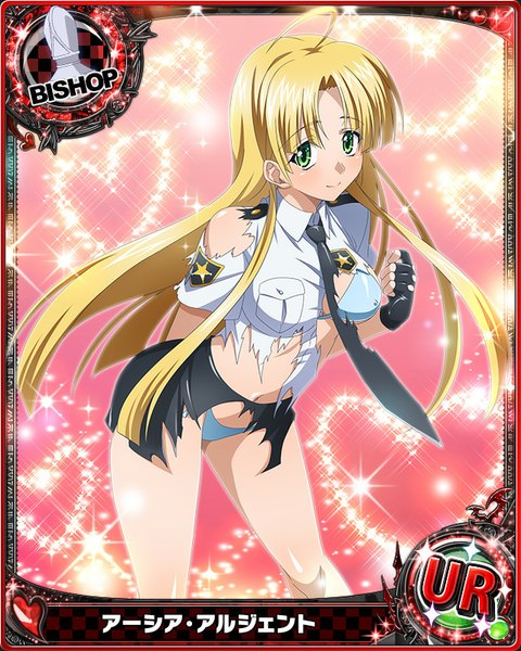 Anime picture 640x800 with highschool dxd asia argento single long hair tall image looking at viewer light erotic blonde hair green eyes torn clothes card (medium) girl skirt gloves uniform underwear panties miniskirt shirt necktie