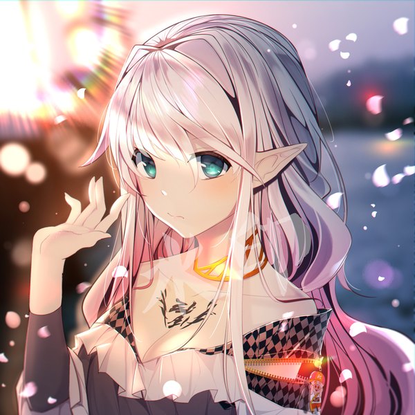 Anime-Bild 2000x2000 mit original menghuan tian single long hair looking at viewer blush fringe highres breasts hair between eyes bare shoulders signed payot pink hair upper body outdoors arm up aqua eyes sunlight blurry