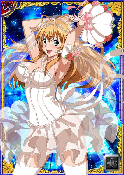 Anime picture 567x800 with ikkitousen sonsaku hakufu single long hair tall image looking at viewer blush fringe breasts open mouth light erotic blonde hair large breasts standing holding cleavage ahoge aqua eyes arms up card (medium)
