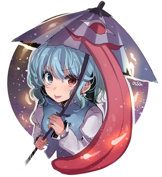 Anime picture 740x810 with touhou tatara kogasa asa (coco) single tall image fringe short hair hair between eyes white background signed blue hair upper body multicolored hair from above heterochromia gradient hair :p girl tongue umbrella
