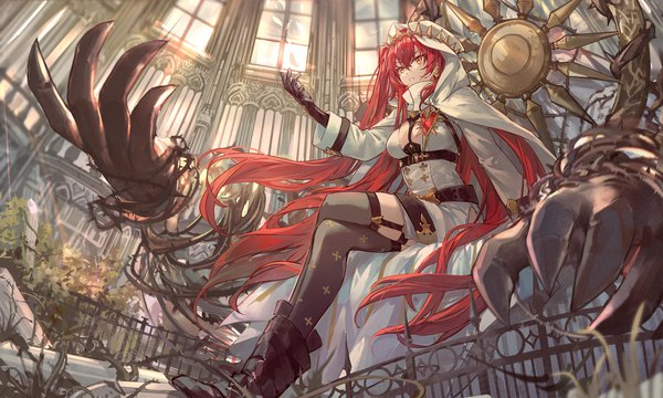 Anime picture 1750x1050 with alchemy stars pact (alchemy stars) csyday single fringe highres breasts light erotic hair between eyes red eyes wide image sitting full body red hair indoors very long hair sunlight from below crossed legs outstretched arm
