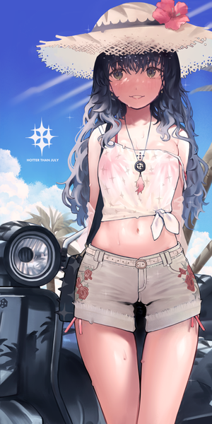 Anime picture 600x1200 with original aroha (aroha390) single long hair tall image black hair standing looking away sky cloud (clouds) outdoors parted lips midriff sweat thigh gap strap slip front-tie top girl navel flower (flowers)