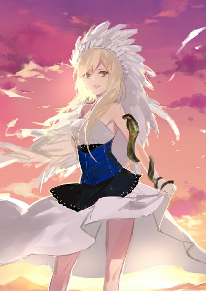 Anime picture 709x1000 with original cotta single long hair tall image looking at viewer blush open mouth blonde hair smile bare shoulders brown eyes sky cleavage cloud (clouds) evening sunset mountain girl dress