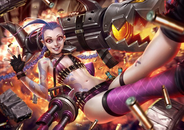 Anime picture 1414x1000 with league of legends jinx (league of legends) dcwj single long hair looking at viewer light erotic smile purple eyes bare shoulders holding signed blue hair ahoge braid (braids) nail polish fingernails lips realistic teeth