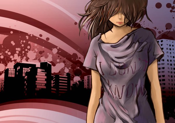 Anime picture 4961x3508 with original destinyhero single long hair highres brown hair absurdres lipstick city hair over eyes girl building (buildings)