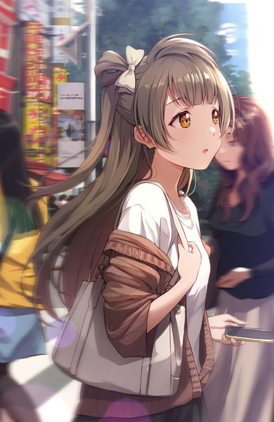 Anime picture 707x1087 with love live! school idol project sunrise (studio) love live! minami kotori shamakho long hair tall image blush fringe black hair brown hair multiple girls holding signed payot looking away outdoors long sleeves parted lips from behind