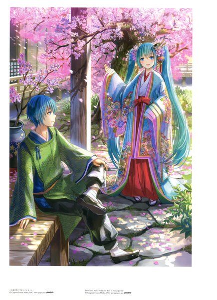 Anime picture 3396x4677 with vocaloid hatsune miku kaito (vocaloid) fuzichoco long hair tall image looking at viewer highres short hair open mouth blue eyes standing sitting twintails blue hair looking away absurdres full body outdoors traditional clothes
