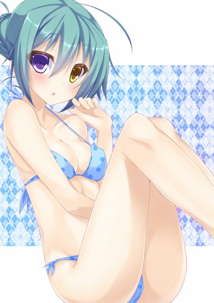 Anime picture 1000x1414 with original rebecca arcane suterii single tall image looking at viewer blush fringe breasts light erotic hair between eyes aqua hair heterochromia outside border girl swimsuit bikini polka dot bikini