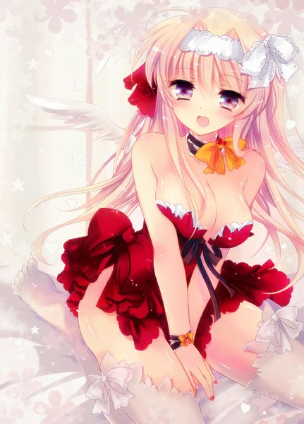 Anime picture 582x809 with original ichiyou moka single long hair tall image blush breasts open mouth light erotic blonde hair large breasts bare shoulders nail polish pink eyes embarrassed angel wings girl dress bow hair bow