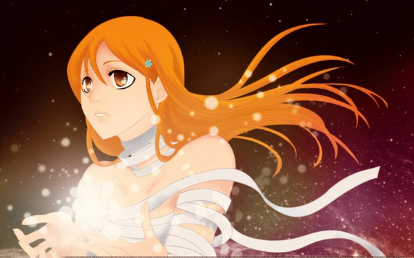 Anime picture 1600x1000 with bleach studio pierrot inoue orihime missyg umehara suzuko (blow) single long hair wide image bare shoulders brown eyes orange hair vector third-party edit cropped hair ornament ribbon (ribbons) hairclip bandage (bandages)