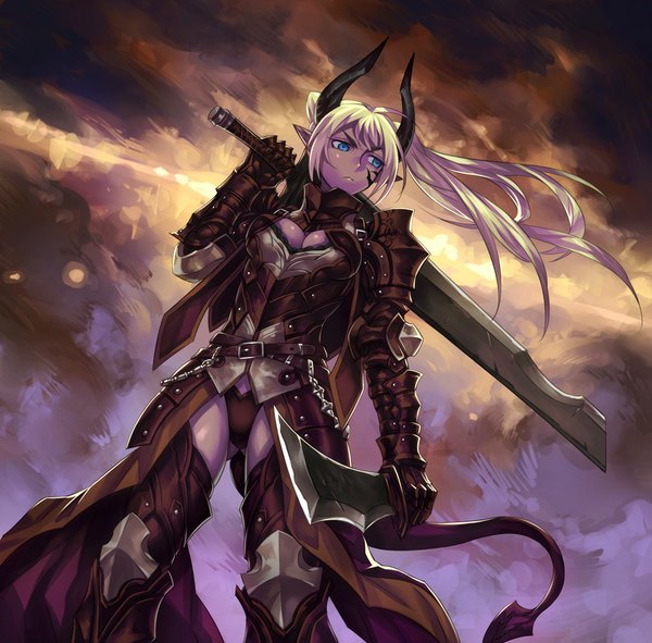 Anime picture 1000x985 with shinazo single long hair fringe blue eyes light erotic standing holding looking away cleavage tail horn (horns) wind pointy ears from below eyebrows demon tail dual wielding girl weapon