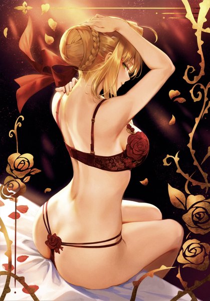 Anime picture 4884x6987 with fate (series) fate/grand order fate/extra nero claudius (fate) (all) nero claudius (fate) mashuu (neko no oyashiro) single tall image looking at viewer blush fringe highres short hair breasts light erotic simple background blonde hair sitting green eyes payot