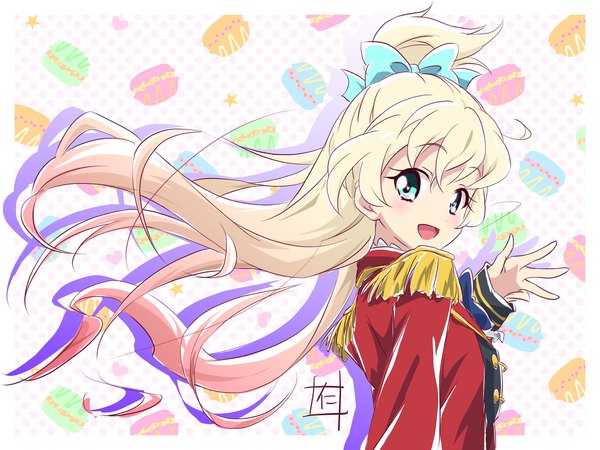 Anime picture 2046x1536 with aikatsu! aikatsu stars! shiratori hime nii manabu single long hair looking at viewer fringe highres open mouth blue eyes blonde hair upper body :d wind girl dress bow hair bow epaulettes