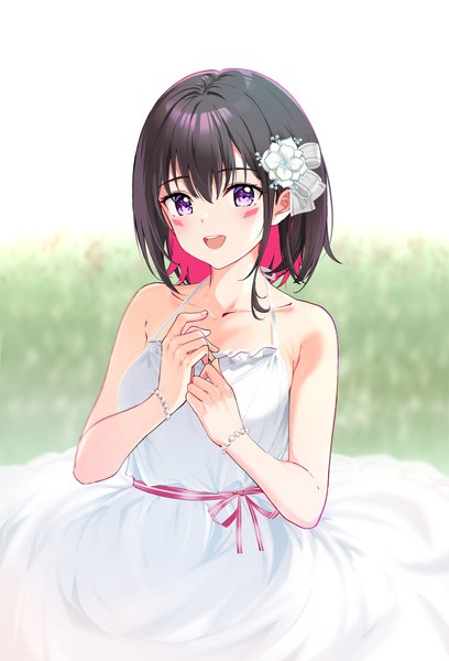Anime picture 1700x2500 with virtual youtuber hololive azki (hololive) nonbire single tall image looking at viewer blush fringe short hair open mouth black hair smile hair between eyes standing purple eyes bare shoulders :d multicolored hair blurry