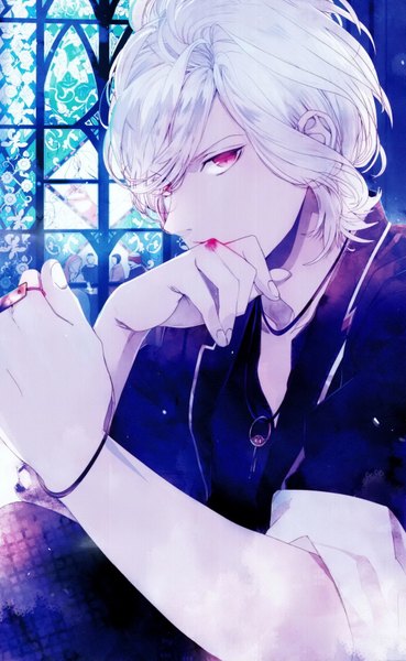 Anime picture 1056x1715 with diabolik lovers idea factory sakamaki subaru single tall image looking at viewer short hair purple eyes silver hair vampire boy blood