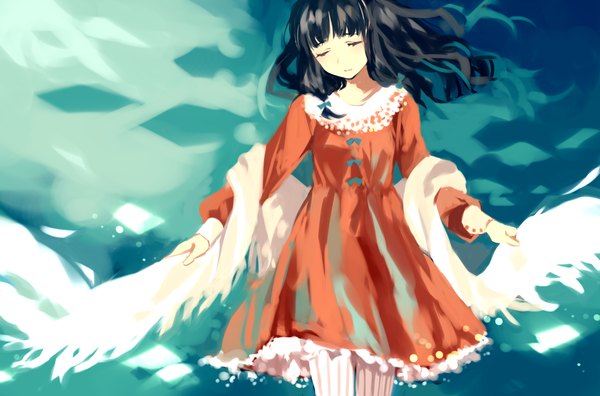 Anime picture 1400x924 with original tan (tangent) single long hair black hair eyes closed girl dress