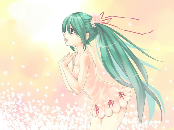 Anime picture 1024x768 with vocaloid hatsune miku gk long hair open mouth twintails green eyes green hair singing girl dress flower (flowers)