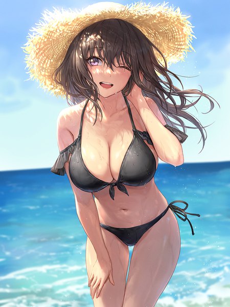 Anime picture 900x1200 with original guchico single long hair tall image looking at viewer blush fringe breasts open mouth light erotic smile hair between eyes brown hair large breasts standing purple eyes sky cleavage outdoors