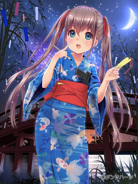 Anime picture 720x960 with original uz3d single long hair tall image looking at viewer blush open mouth blue eyes brown hair traditional clothes japanese clothes night tanabata girl ribbon (ribbons) weapon hair ribbon kimono gun