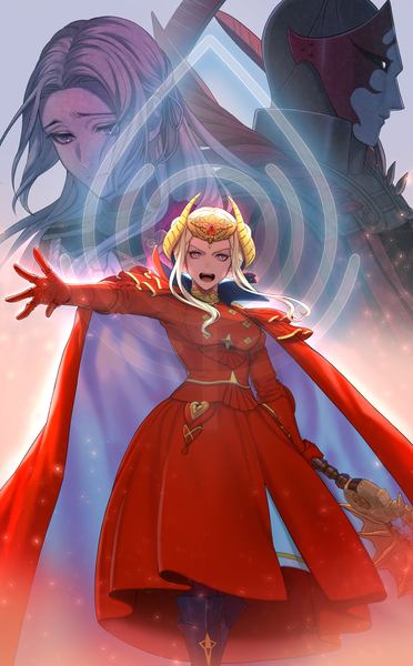Anime picture 3376x5445 with fire emblem fire emblem: three houses nintendo edelgard von hresvelg flame emperor z (wppcx233) long hair tall image looking at viewer highres short hair open mouth blonde hair standing purple eyes holding payot looking away absurdres upper body