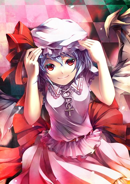 Anime picture 849x1200 with touhou remilia scarlet yoshino ryou single tall image looking at viewer short hair red eyes blue hair girl dress bow wings frills bonnet