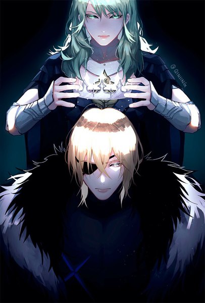 Anime picture 609x900 with fire emblem fire emblem: three houses nintendo byleth (fire emblem) dimitri alexandre blaiddyd byleth (female) (fire emblem) enlightened byleth (female) qiniing tall image looking at viewer fringe short hair blue eyes simple background blonde hair hair between eyes holding green eyes signed green hair