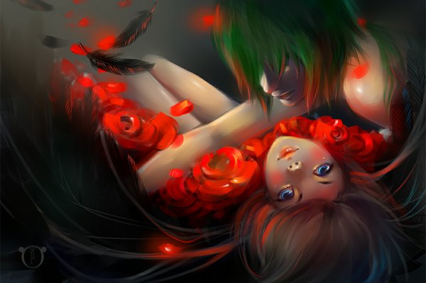 Anime picture 1067x710 with original sheer-madness long hair blue eyes brown hair bare shoulders green hair realistic couple hair over eyes girl boy flower (flowers) petals wings rose (roses) feather (feathers)