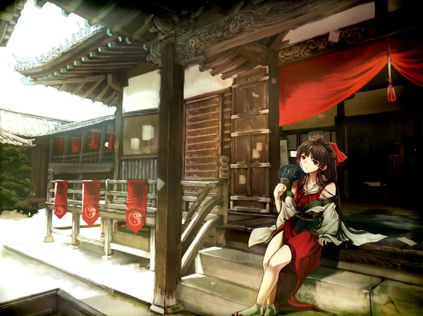 Anime picture 1500x1124 with touhou hakurei reimu nanos13 single long hair black hair red eyes sitting traditional clothes miko girl bow hair bow fan shrine hakurei shrine