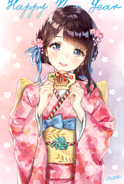 Anime picture 676x1000 with original ancotaku single tall image looking at viewer blush fringe short hair open mouth blue eyes simple background smile brown hair standing holding signed traditional clothes head tilt :d japanese clothes