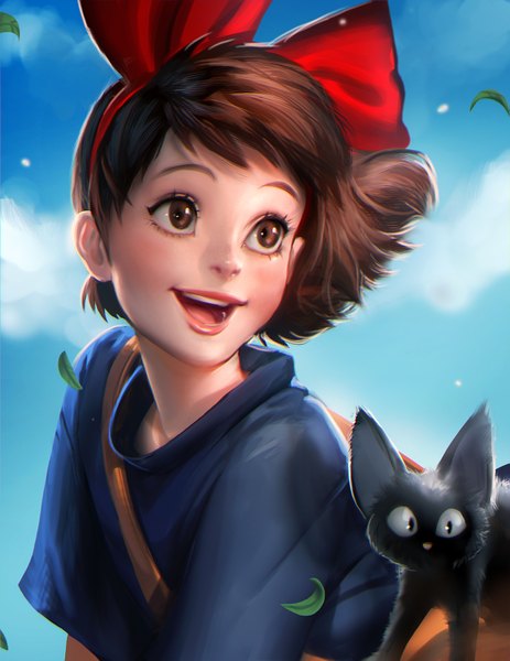 Anime picture 1391x1800 with kiki's delivery service studio ghibli kiki jiji sakimichan tall image fringe open mouth brown hair brown eyes looking away sky cloud (clouds) upper body outdoors :d wind realistic short sleeves looking up