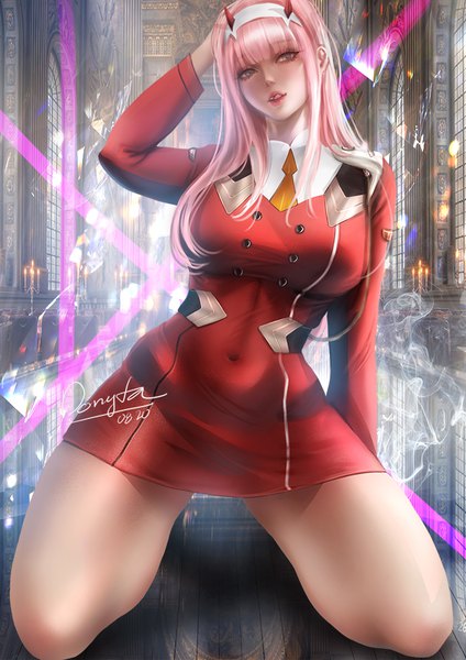 Anime picture 707x1000 with darling in the franxx studio trigger zero two (darling in the franxx) donyta single long hair tall image looking at viewer fringe breasts light erotic large breasts bare shoulders green eyes signed pink hair indoors blunt bangs parted lips head tilt