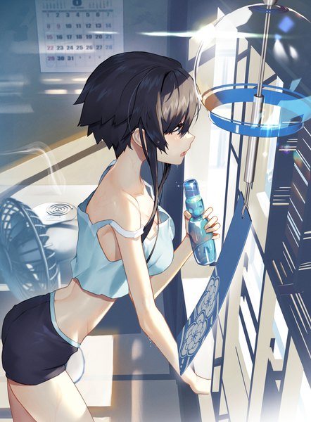 Anime picture 3272x4440 with original scottie (phantom2) single tall image fringe highres short hair breasts open mouth blue eyes light erotic black hair hair between eyes standing holding payot looking away absurdres indoors profile