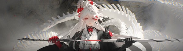 Anime picture 3840x1080 with honkai: star rail honkai (series) acheron (honkai: star rail) void 0 (artist) single long hair looking at viewer fringe highres red eyes wide image signed upper body white hair traditional clothes japanese clothes hair over one eye alternate costume skeleton unsheathing