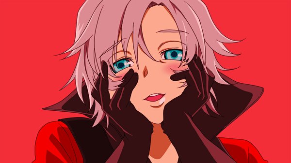 Anime picture 1000x563 with mirai nikki devil may cry dante (devil may cry) single looking at viewer blush short hair open mouth blue eyes simple background wide image pink hair open collar red background genderswap parody yandere yandere trance gasai yuno (cosplay) girl