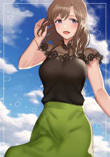Anime picture 882x1254 with original kitazawa (artist) single long hair tall image looking at viewer blush fringe breasts open mouth smile hair between eyes brown hair standing purple eyes sky cloud (clouds) outdoors :d arm up