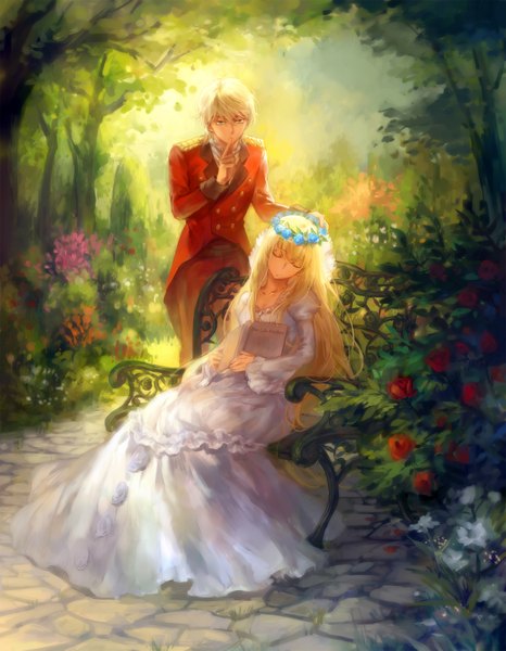 Anime picture 1400x1800 with aldnoah.zero a-1 pictures slaine troyard asseylum vers allusia kanmuri (hanyifan30338) long hair tall image looking at viewer fringe short hair hair between eyes brown hair outdoors white hair eyes closed wide sleeves puffy sleeves finger to mouth sleeping girl