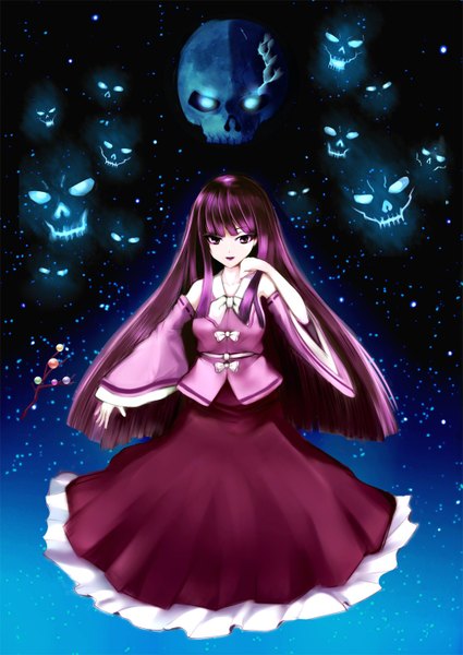 Anime picture 1024x1446 with touhou houraisan kaguya greave (asterism) long hair tall image purple eyes purple hair girl detached sleeves skull