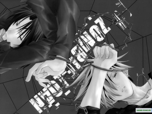 Anime picture 1024x768 with zombie loan akatsuki chika tachibana shito looking at viewer short hair lying multiple boys copyright name monochrome hand on head boy chain handcuffs