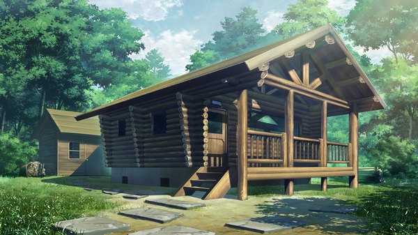 Anime picture 2560x1440 with grisaia no kajitsu highres wide image game cg sky cloud (clouds) nature plant (plants) tree (trees) grass house