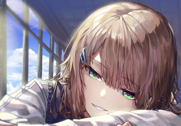 Anime picture 2500x1750 with original horu77426407 single long hair looking at viewer fringe highres smile brown hair sitting green eyes cloud (clouds) upper body indoors blunt bangs parted lips girl window hairclip