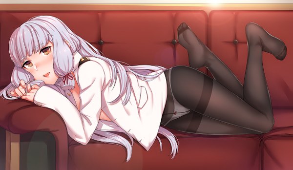 Anime picture 1319x766 with kantai collection murakumo destroyer inuhasiru single long hair looking at viewer blush breasts open mouth light erotic smile wide image yellow eyes silver hair bent knee (knees) lying blunt bangs open clothes open shirt thighs
