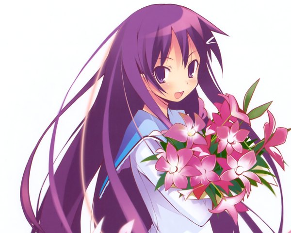 Anime picture 2560x2048 with hanbun no tsuki ga noboru sora akiba rika yamamoto keiji single long hair looking at viewer blush highres open mouth purple eyes purple hair girl hair ornament flower (flowers) hairclip bouquet