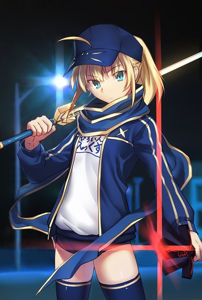 Anime picture 780x1154 with fate (series) fate/grand order artoria pendragon (all) mysterious heroine x (fate) hujitaumi single long hair tall image looking at viewer fringe blonde hair hair between eyes standing holding payot ahoge outdoors ponytail long sleeves head tilt