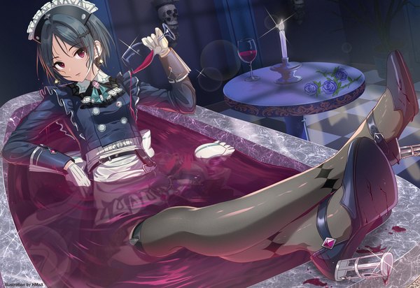 Anime picture 3800x2608 with idolmaster idolmaster cinderella girls idolmaster cinderella girls starlight stage hayami kanade hmax single looking at viewer highres short hair black hair red eyes absurdres full body indoors sparkle high heels partially submerged checkered floor floor pouring
