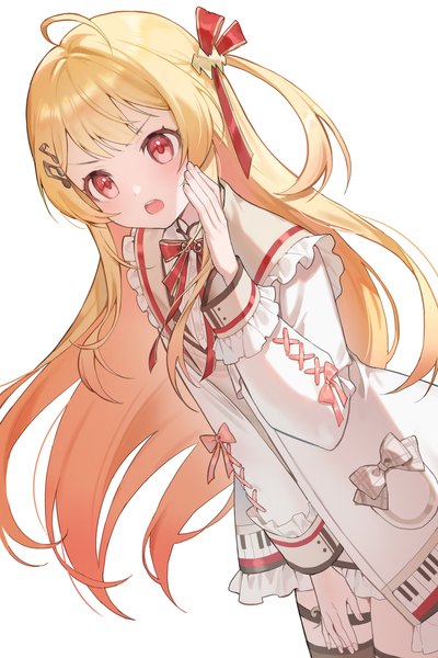 Anime picture 3000x4497 with virtual youtuber hololive hololive dev is otonose kanade n2 00345 single long hair tall image highres open mouth simple background blonde hair red eyes white background ahoge leaning leaning forward one side up girl ribbon (ribbons)