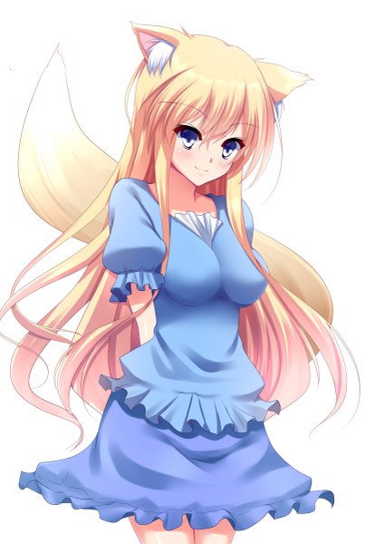 Anime picture 849x1200 with original yappen single long hair tall image blush blue eyes blonde hair simple background smile white background animal ears tail animal tail fox ears fox tail fox girl girl dress