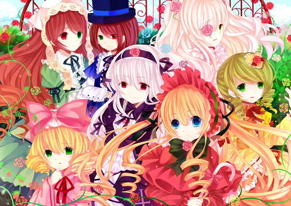 Anime picture 3035x2149 with rozen maiden suigintou shinku suiseiseki souseiseki hina ichigo kirakishou kanaria moseley long hair highres short hair blue eyes blonde hair red eyes multiple girls green eyes absurdres white hair red hair