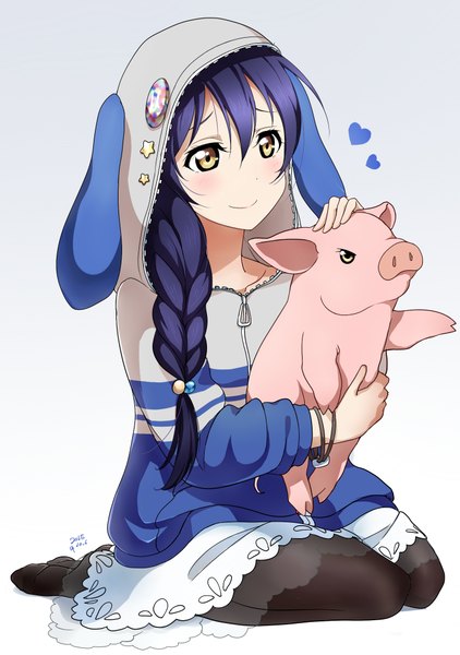 Anime picture 1483x2109 with love live! school idol project sunrise (studio) love live! sonoda umi shiimai single long hair tall image blush smile hair between eyes signed yellow eyes blue hair looking away braid (braids) gradient background single braid dated alternate hairstyle